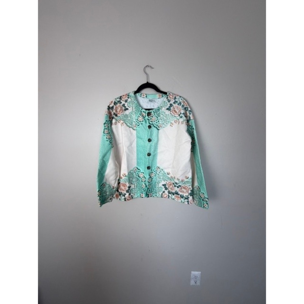 Womens Mint Green Floral  Button Up Jacket Cottagecore 1XL